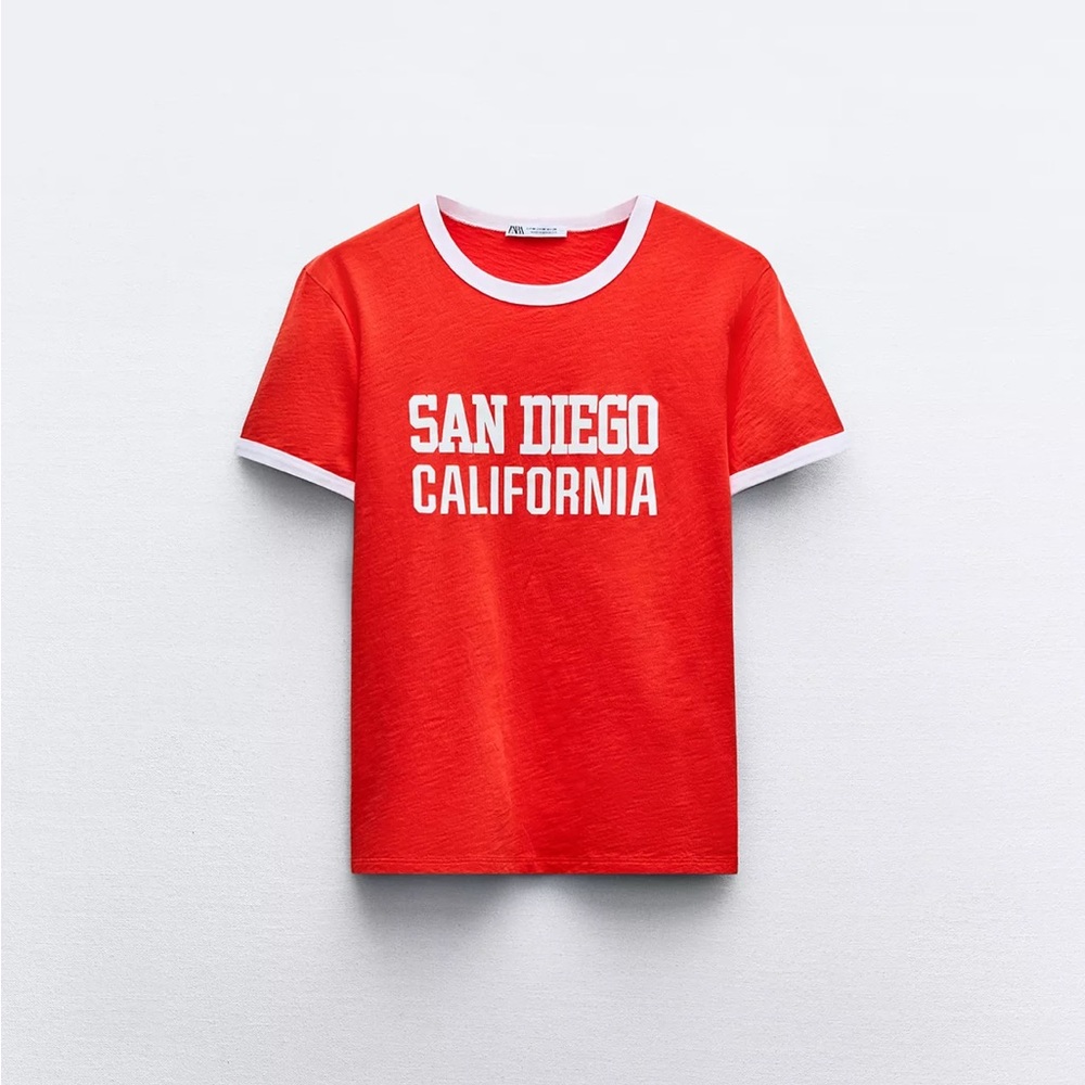 ZARA Red & White Varsity Baseball Graphic Short-Sleeve Ringer T-Shirt Shirt sz M - Picture 16 of 16